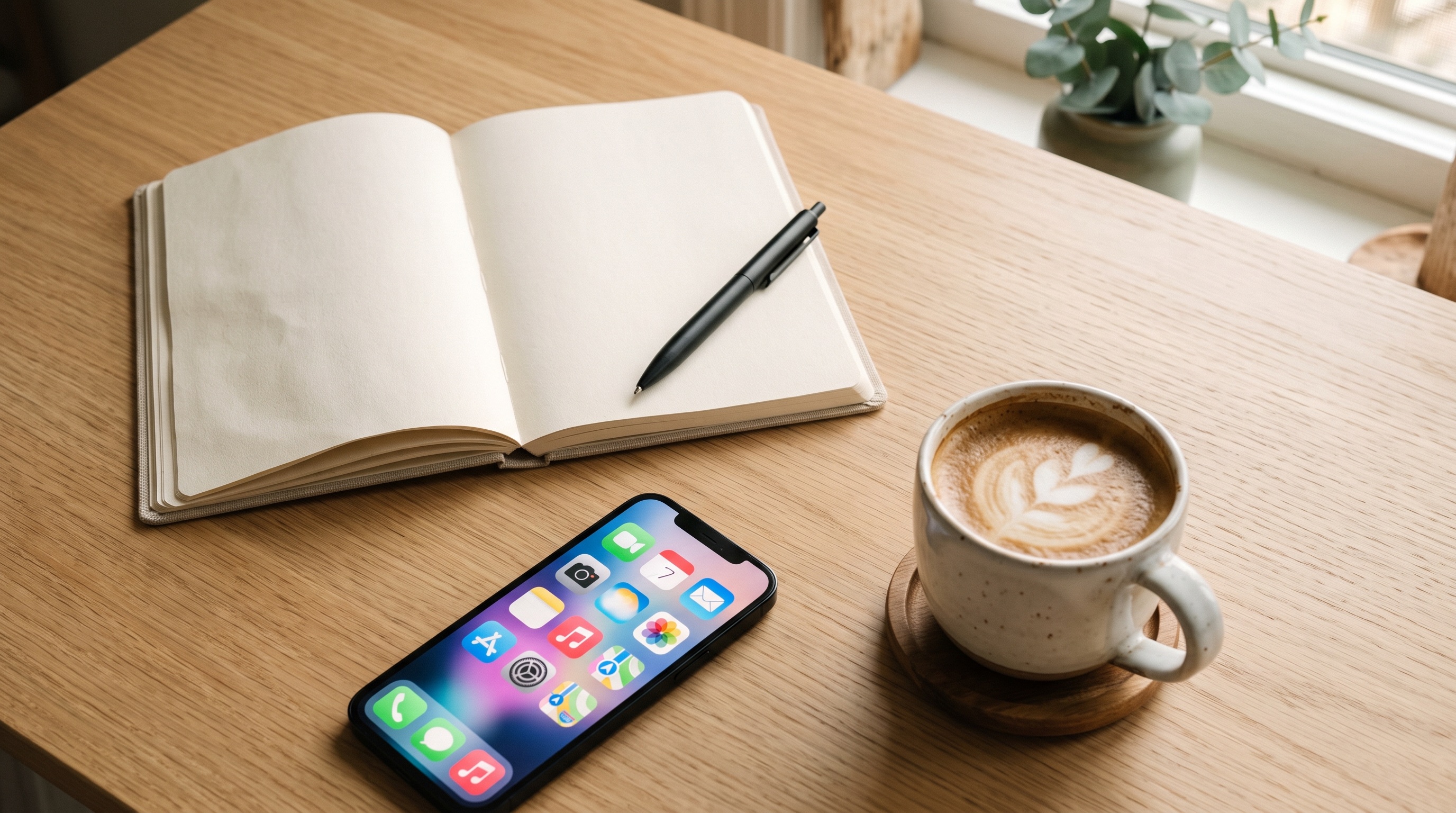 A single desk with notes and a phone, representing a life brought into one place