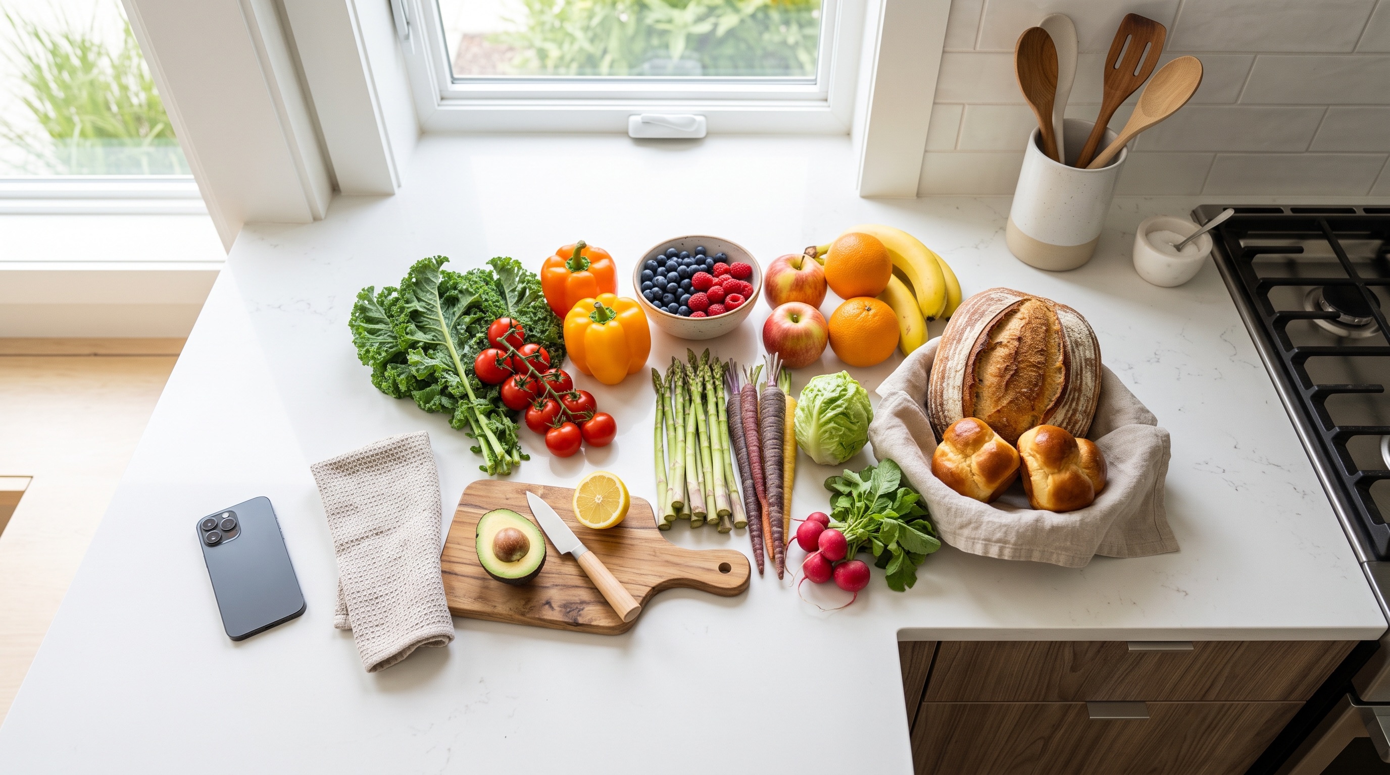 Groceries and a phone showing a shopping list