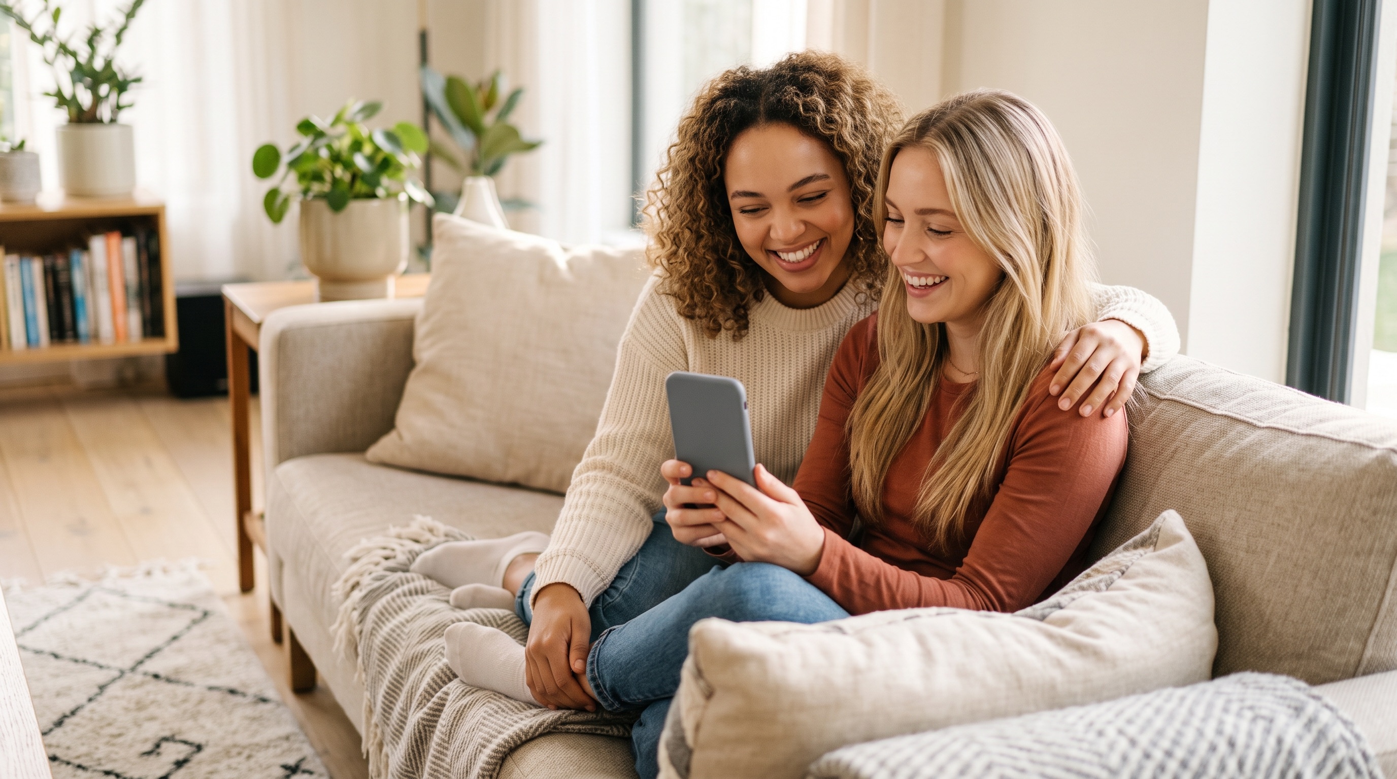 Two people looking at a phone together, sharing a plan