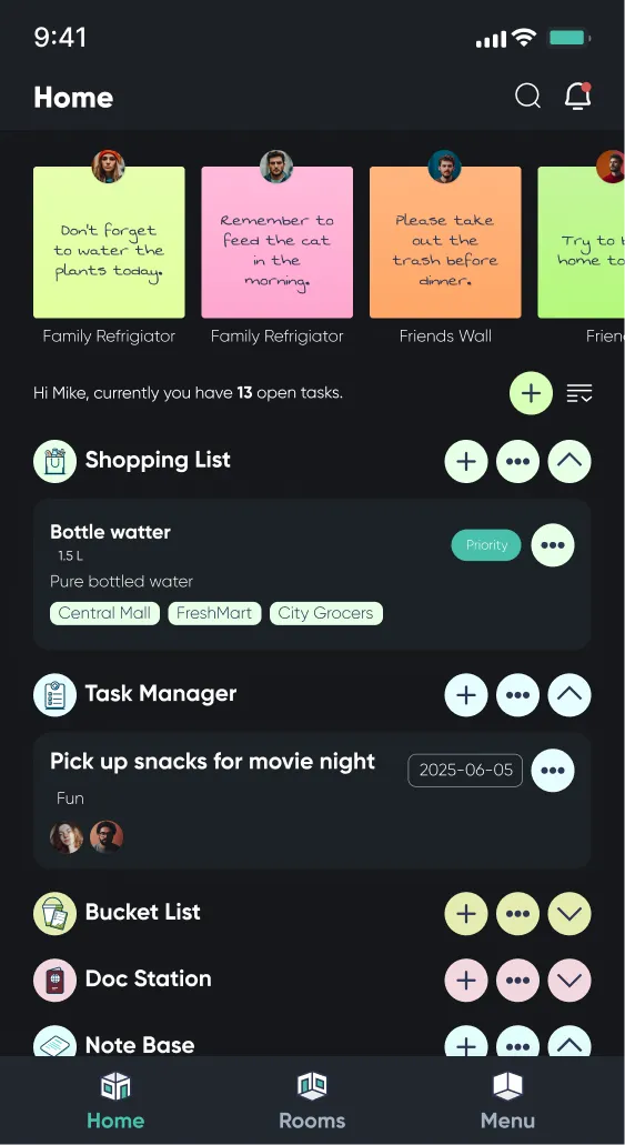Home screen (dark mode)